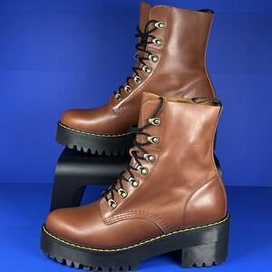 Dr. Martens Leona Heeled Tan Saddle Leather Womens Size 10 42 Lace Up Ankle Boot